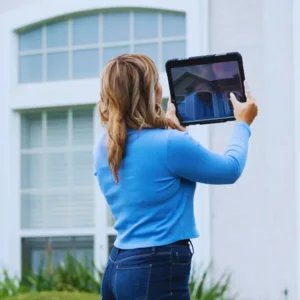 woman holding a tablet performing a home watch service