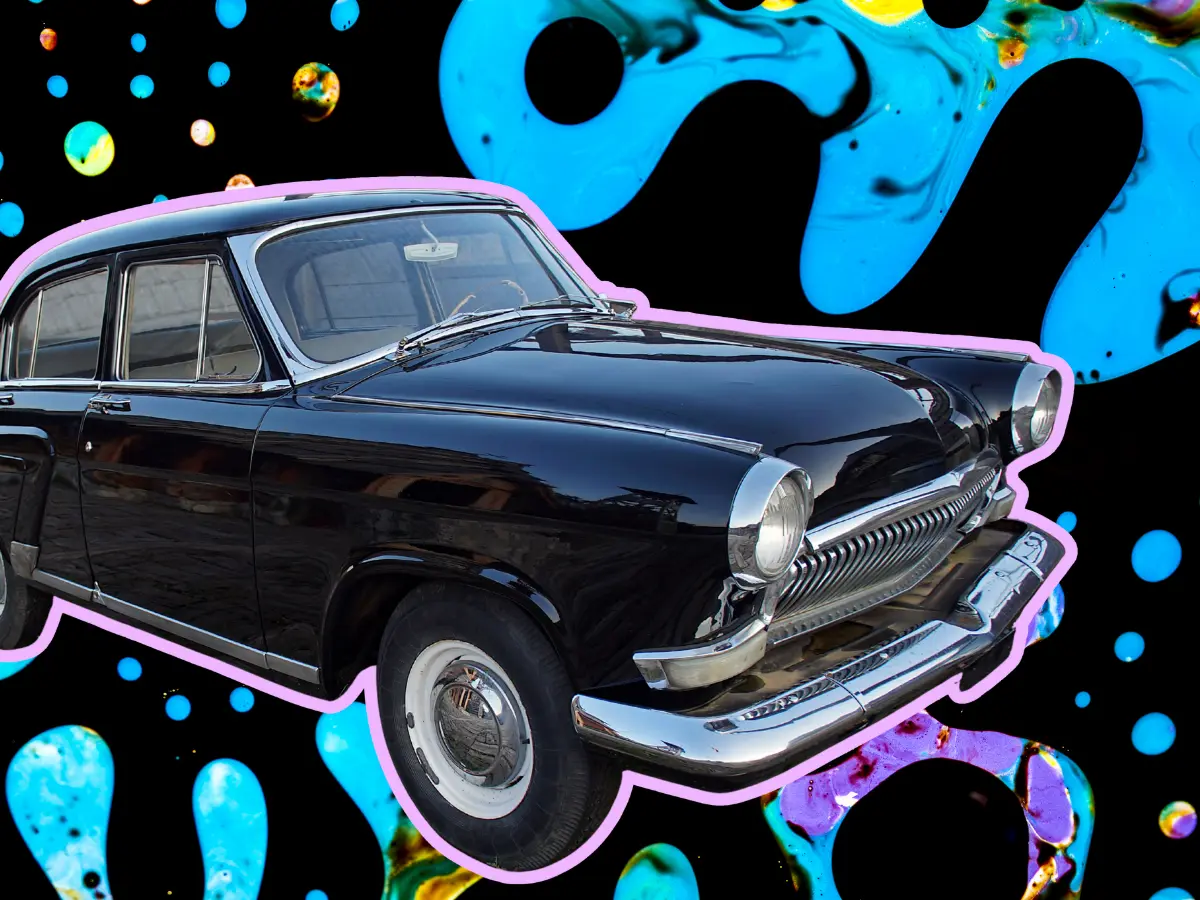 Antique car with pink pop art outline and lava like abstract blue and black background art