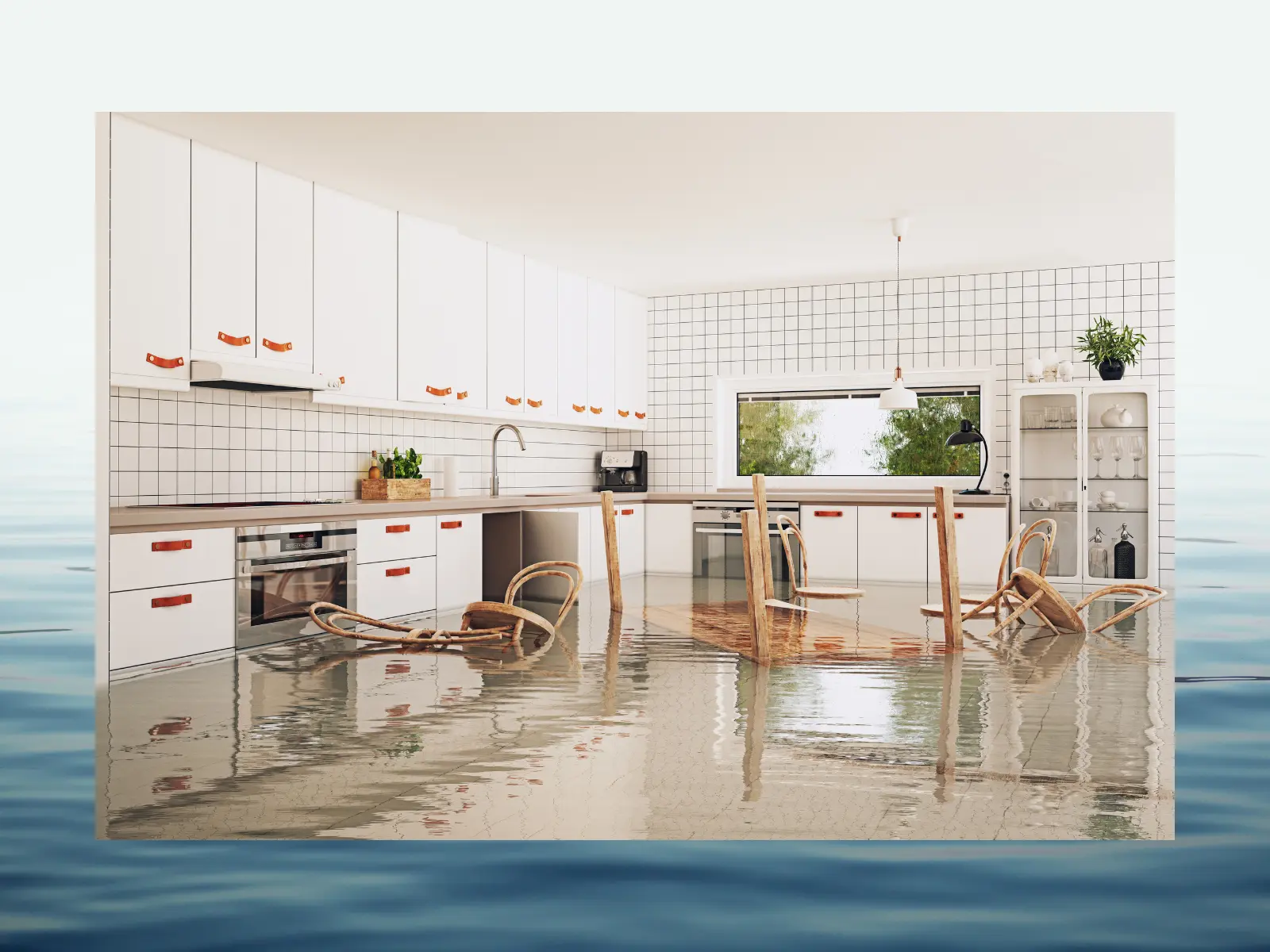 Flooded kitchen on blue collage