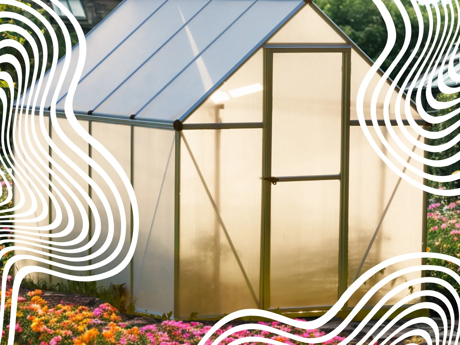 Mini Greenhouse with abstract overlay and flowers