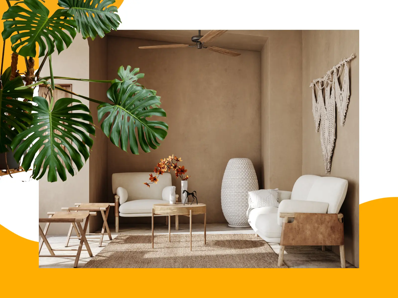 mid-century sofa and monstera plant