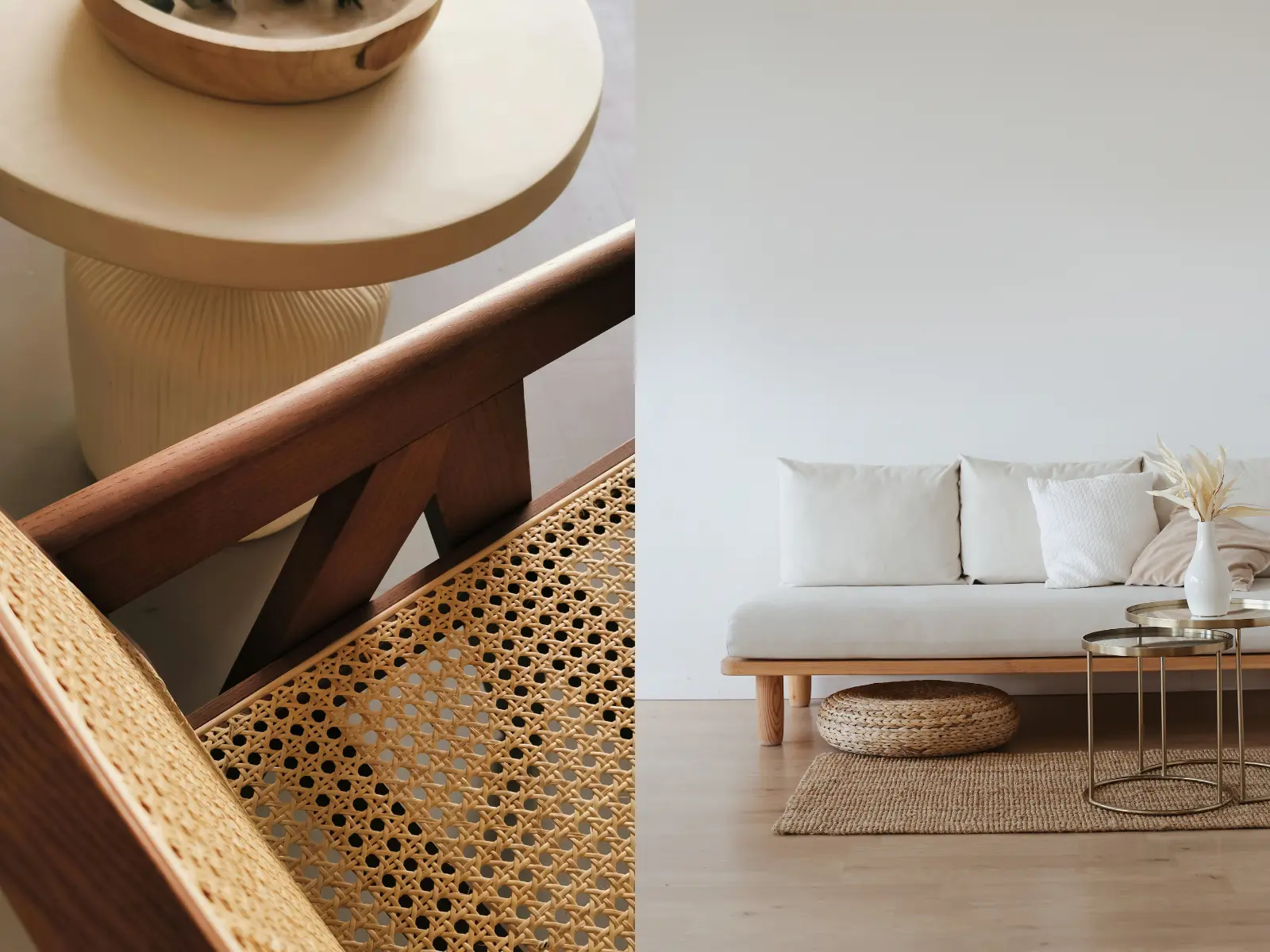 Split image with a white sofa and natural design on one side and a close up of a wooden cane chair on the other
